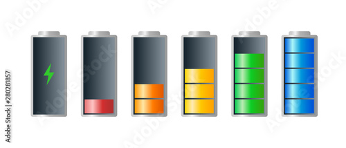 High to low power batteri charged energy indicator level set with recharging icon. Empty to full battery indicating red orange yellow blue green cylinders. Vector batteries illustration