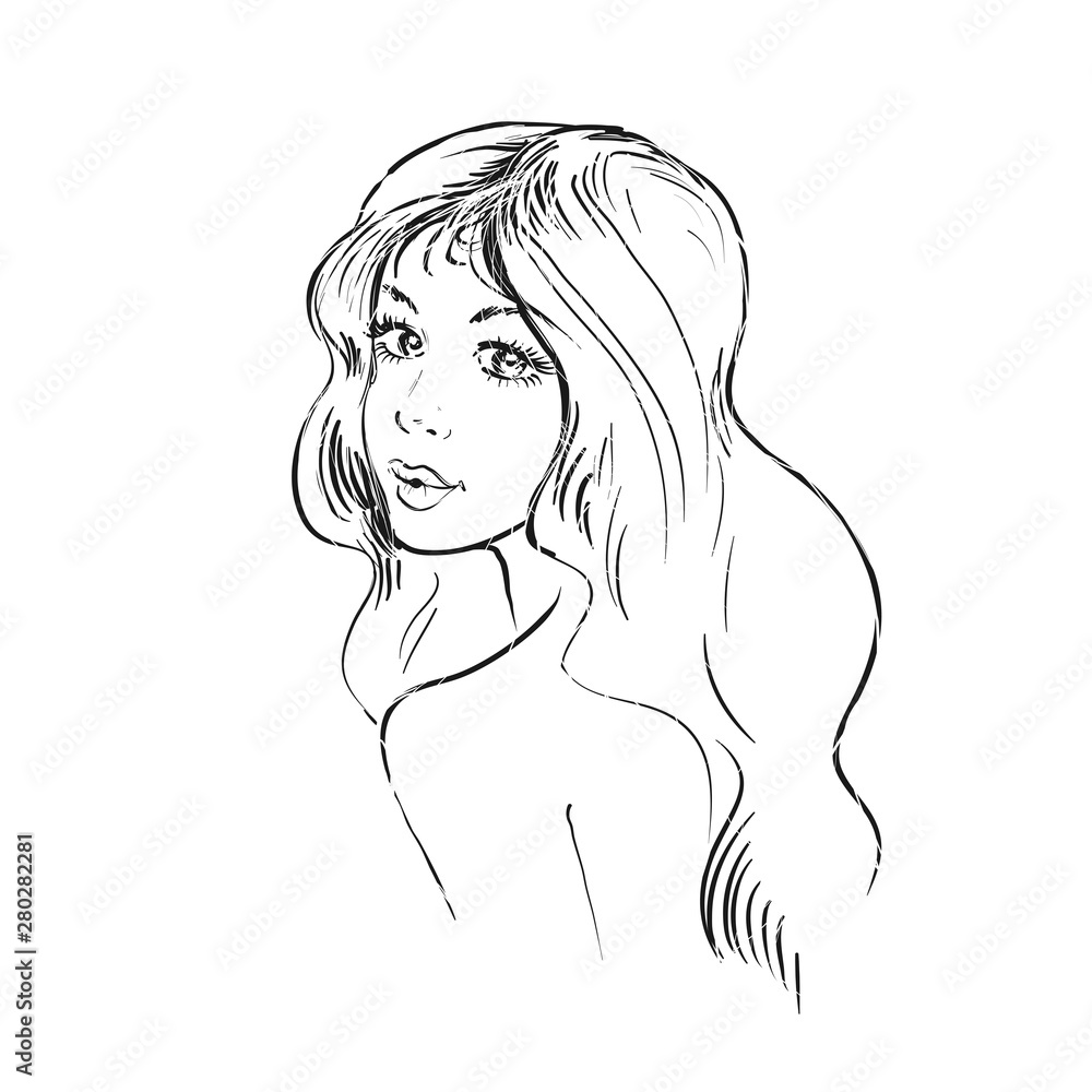 Beautiful young woman portrait looking back. Girl with long hair vector  fashion illustration line style Stock Vector | Adobe Stock