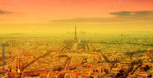 Sticker eiffel tower and bright sun on orange - heat wave in Paris, France