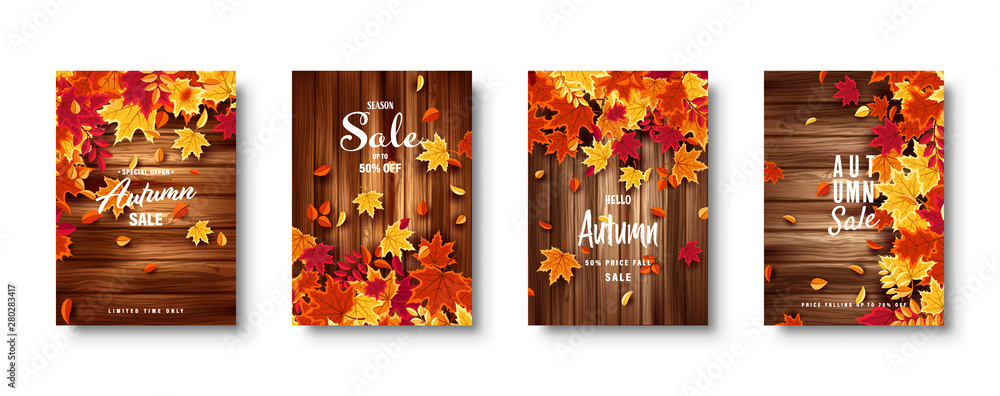 Autumn falling leaves. Banner set. Nature background with red, orange, yellow foliage. Flying leaf. Season sale. Vector illustration. - obrazy, fototapety, plakaty 