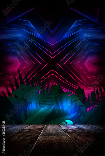 Night concept of a wooden table scene. Tropical leaves neon light. Blank poster  scene night view.
