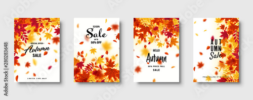 Autumn falling leaves. Banner set. Nature background with red, orange, yellow foliage. Flying leaf. Season sale. Vector illustration.