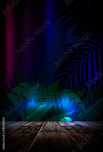 Night concept of a wooden table scene. Tropical leaves neon light. Blank poster, scene night view.