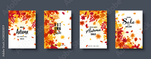 Autumn falling leaves. Banner set. Nature background with red, orange, yellow foliage. Flying leaf. Season sale. Vector illustration.