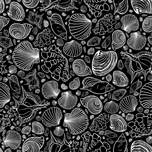 Vector black and white repeat pattern with variety of seashells. Perfect for fabric, scrapbooking, wallpaper projects.