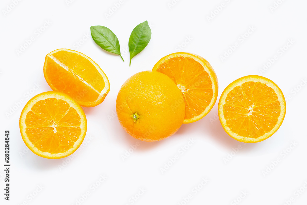 Fresh orange citrus fruit with leaves isolated on white background. Fresh orange citrus fruit with leaves isolated on white background.