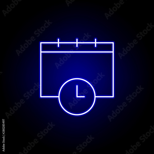 calendar date clock icon in blue neon style.. Elements of time illustration icon. Signs, symbols can be used for web, logo, mobile app, UI, UX