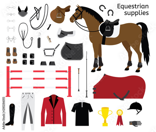 Vector flat cartoon set collection of equestrian horse equipment isolated on white background