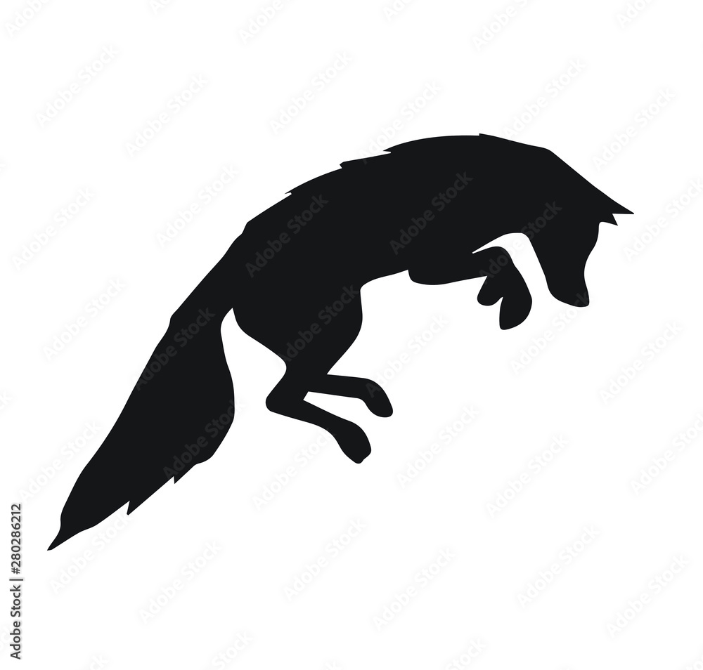 Vector black silhouette of fox jumping isolated on white background