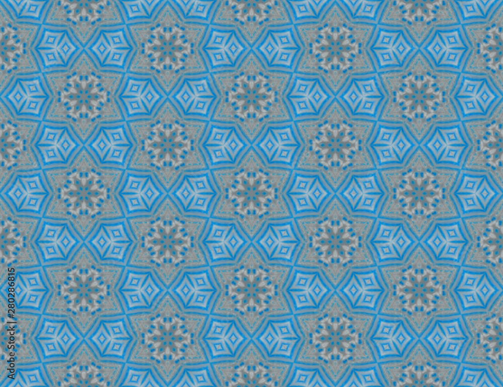 Seamless abstract raster pattern with white and blue small elements on gray background	