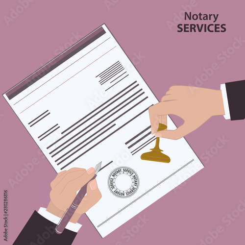 Notary services - the hand with a fountain pen signs the document - and the hand puts the stamp - flat style - vector. Registration of legal documents