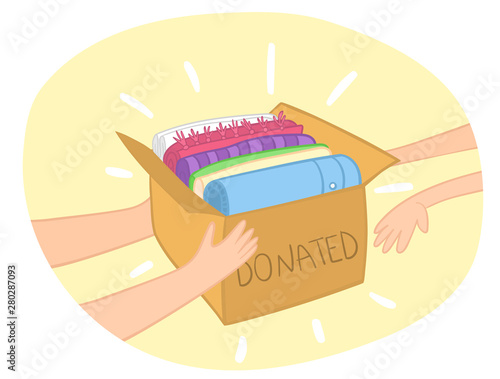 Cloth donation box vector with colorful clothes in it. Hands giving box to another hand. Charity card-box with apparel. Vector Illustration of Clothes Donation Box