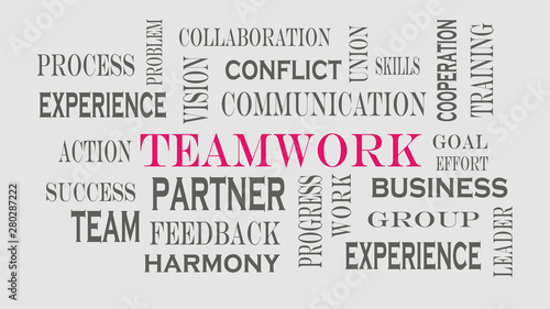 Teamwork word cloud concept on gray background.