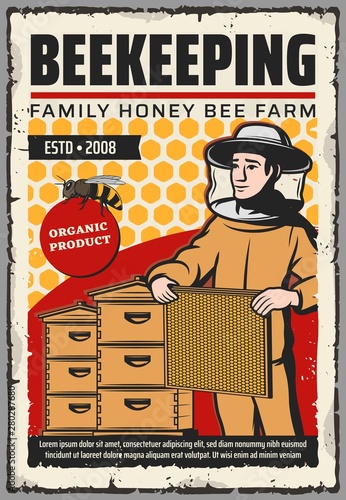 Beekeeper with honey bee, honeycombs, beehives