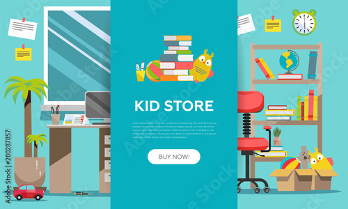 Childen's goods shop landing page in flat cartoon style. Kids game, books, interior items and school supplies. Children fun play colorful boy room interior background vector illustration.