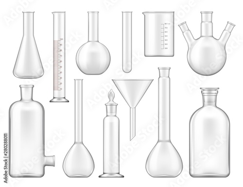 Beakers, test tubes and chemical flasks isolated