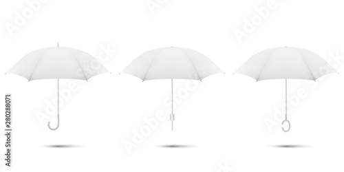 Vector 3d Realistic Render White Blank Umbrella Icon Set Closeup Isolated on White Background. Design Template of Opened Parasols for Mock-up, Branding, Advertise etc. Top and Front View