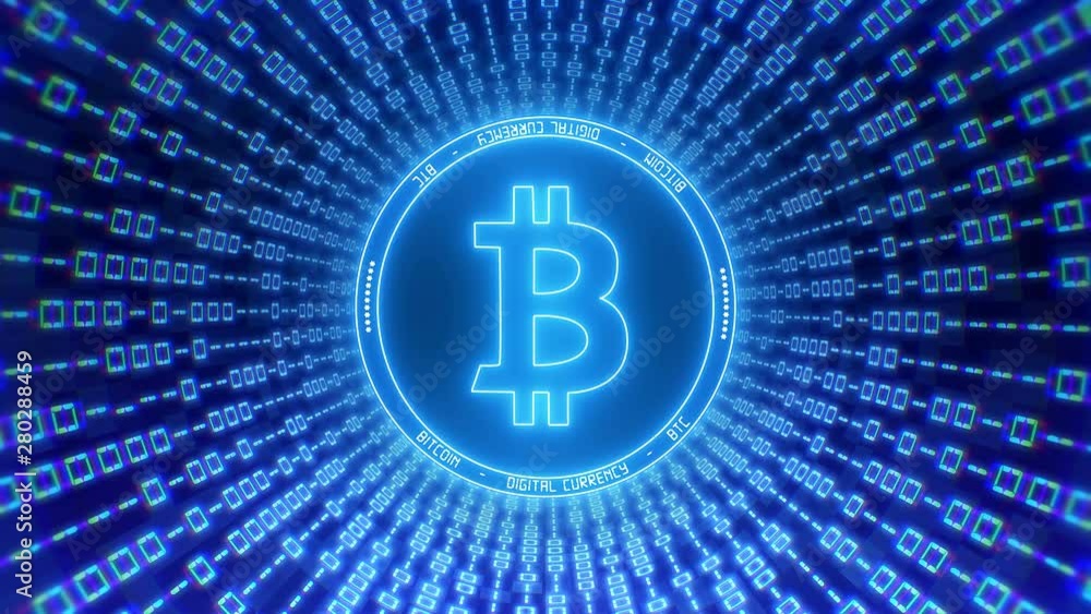 Video animation of the Bitcoin logo in blue with a tunnel of binary code - Digital currency - Cryptocurrency Video animation of the Bitcoin logo in blue with a tunnel of binary code - Digital currency - Cryptocurrency