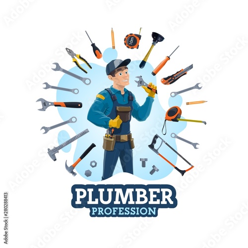 Plumbing work tools and man plumber profession