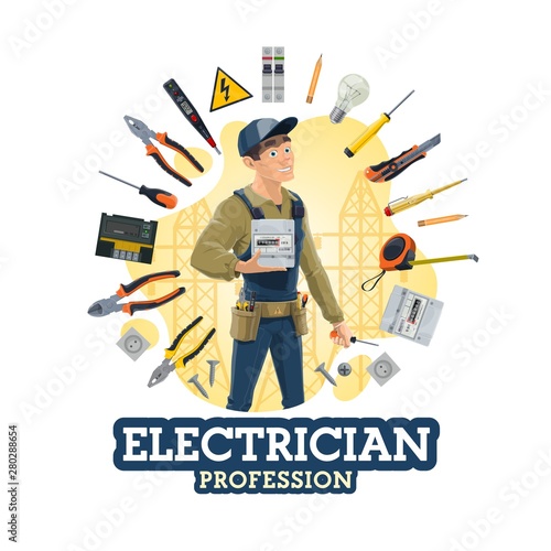 Electrical service worker and electrician tools
