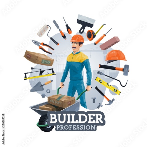 Building construction work tools, builder worker