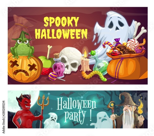 Halloween party, sweets and devil. Wizard, ghosts