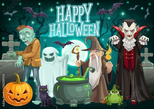 Halloween ghost, pumpkin, zombie and dracula