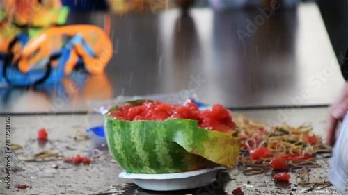 Rubber bands are placed around a watermelon until it explodes.