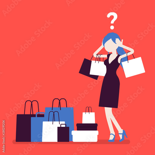 Shopaholic woman buying too much. Young anxious girl shopping with addiction, suffer from obsession of purchases, feeling distress, shame or guilt after. Vector illustration, faceless character
