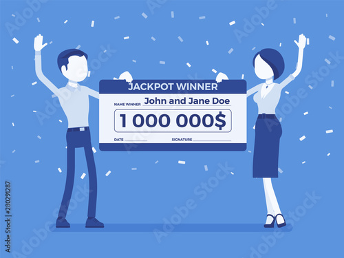 Winning lottery ticket, happy pair holding giant check. Successful couple celebrating chance event of getting first prize, good luck to achieve large money. Vector illustration, faceless characters