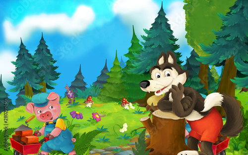 Fototapeta Naklejka Na Ścianę i Meble -  Cartoon fairy tale scene with wolf and pig on the meadow - illustration for children