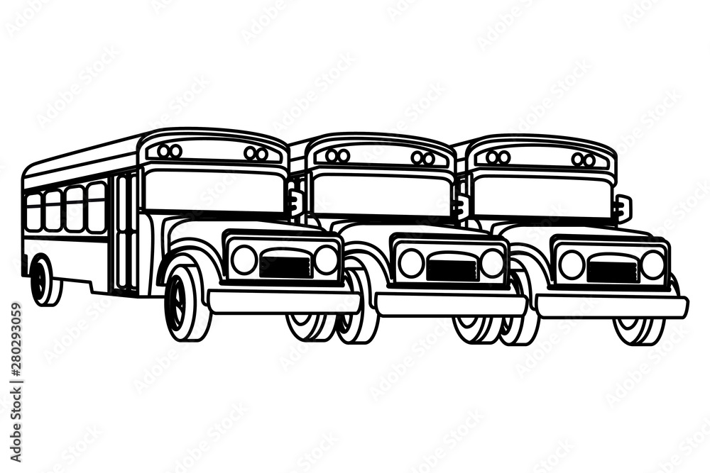 School buses parked frontview isolated cartoon in black and white