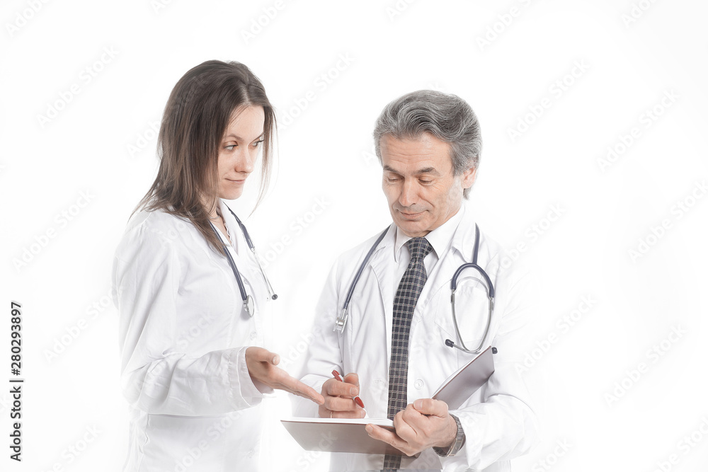 two physician discuss the diagnosis of the patient.isolated on white background two physician discuss the diagnosis of the patient.isolated on white background