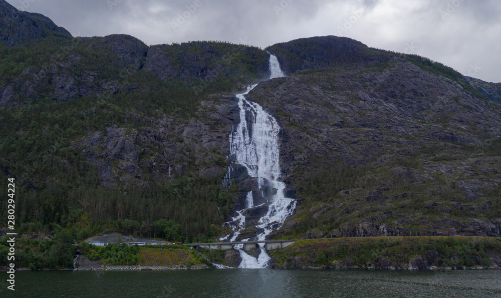 Langfossen waterfall, view from drone - Norway