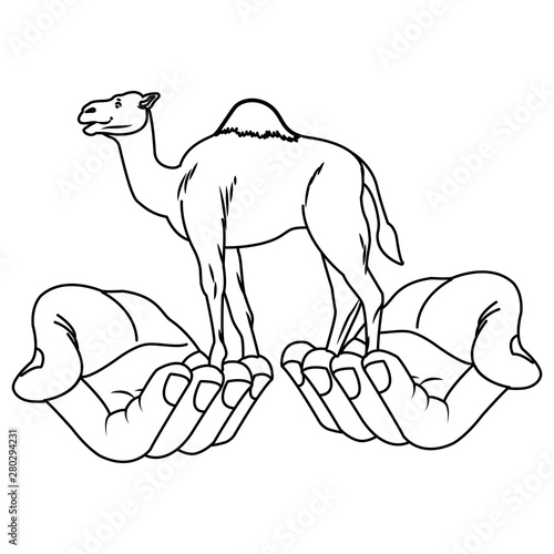 Hands hoding camel animal cartoon isolated in black and white