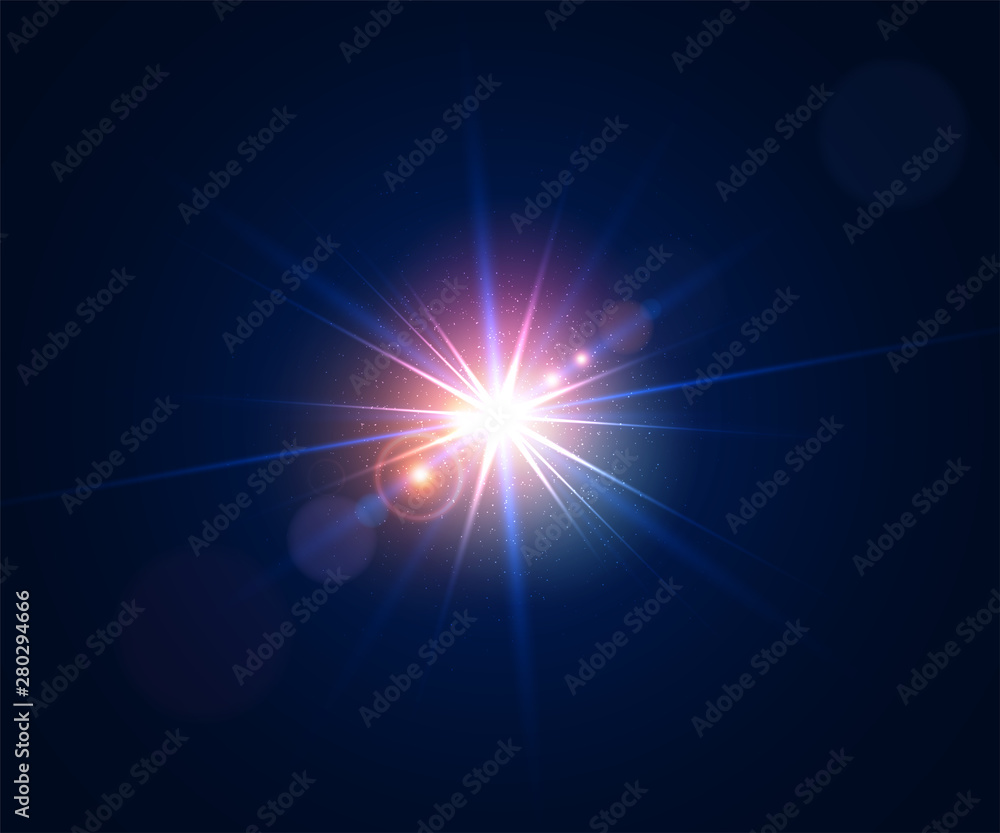 Glowing light effect. Lens flare with bokeh, glitter particles and rays. Sparkling glare of bright flash with colorful twinkle. Shining abstract background. Vector illustration. - obrazy, fototapety, plakaty 