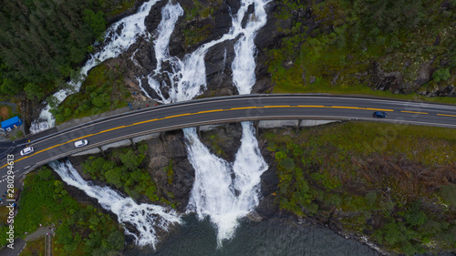 Summer Langfossen waterfall in Norway, drone shot photo