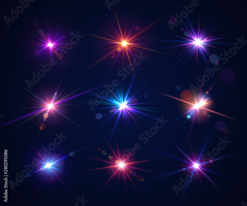 Sparkling light effects of flash. Glowing lens flares and colorful twinkle. Set of beautiful glare effects with bokeh, glitter particles and rays. Shining abstract background. Vector illustration