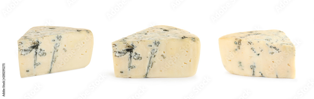 Set of delicious blue cheese on white background. Banner design
