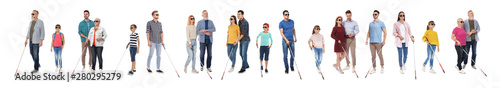 Set of blind people with long canes on white background