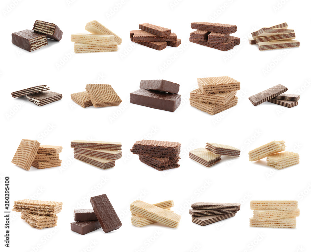 Set of different delicious crispy wafers on white background