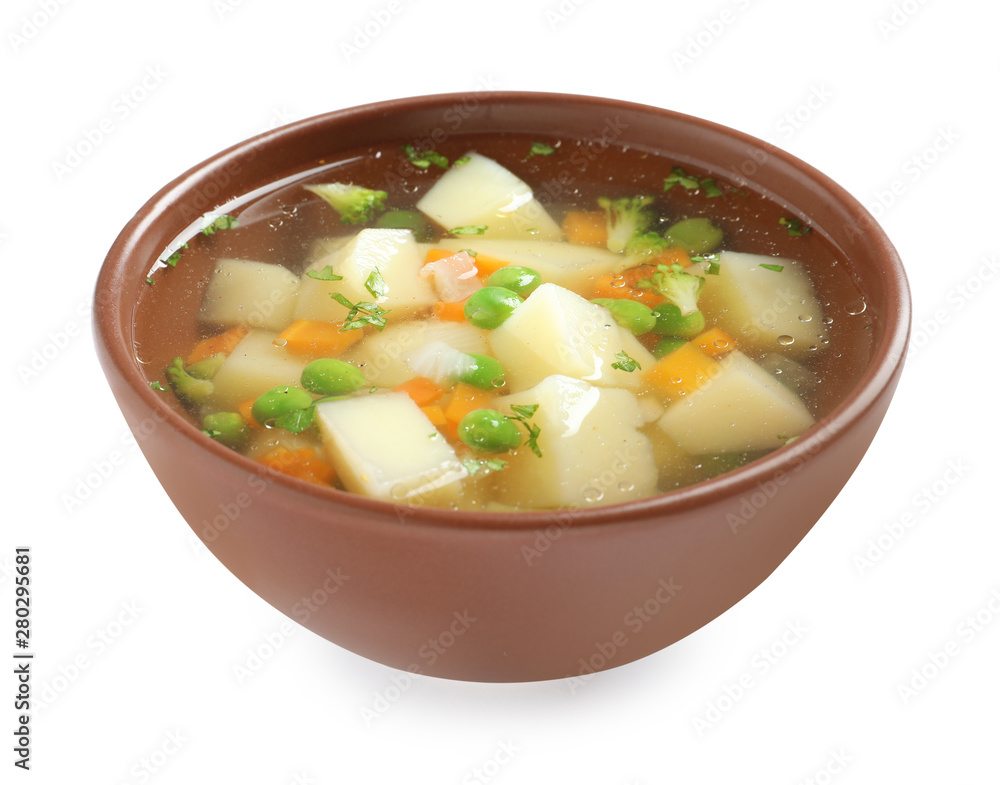 Bowl of fresh homemade vegetable soup on white background Bowl of fresh homemade vegetable soup on white background