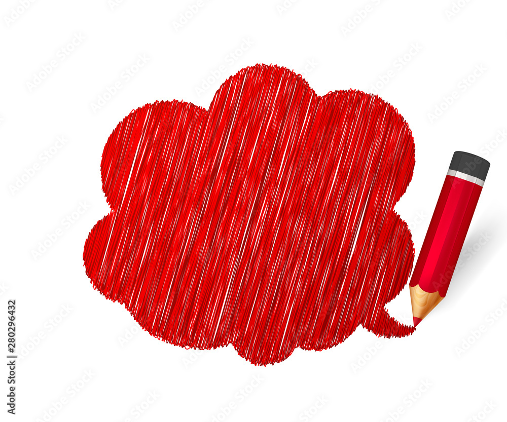 Sketch pencil drawing. Hand drawn speech bubble on white background. Colorful doodles banner with shading of red crayon and place for message. Cloud of scribble, lines stroke