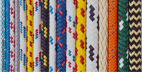 A lineup of colourful assorted yachting ropes photo