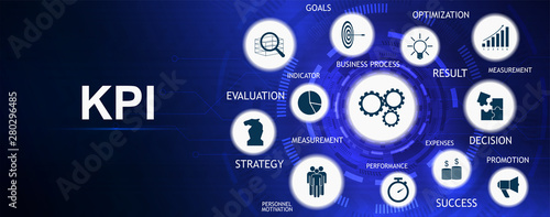 KPI - Key Performance Indicator banner with Keywords and Icons. Metrics to measure achievement versus planned target . Business analytics. Key Performance Indicator info banner. Vector infographic