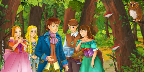 cartoon scene with happy young girl and boy prince and princess and royal crowd in the forest encountering pair of owls flying - illustration for children