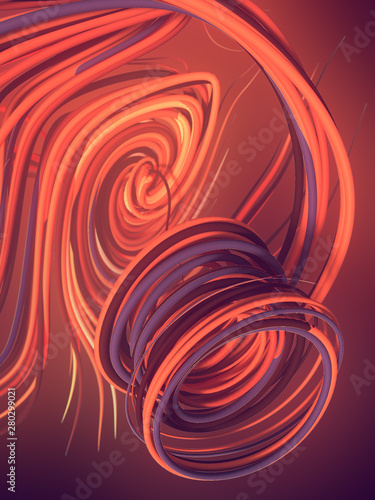 Interlacing abstract orange colored curves. Computer generated geometric pattern. 3D rendering
