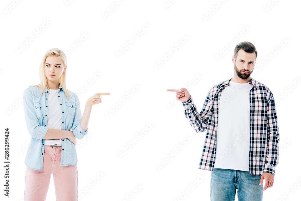 dissatisfied girl and man pointing with fingers Isolated On White dissatisfied girl and man pointing with fingers Isolated On White