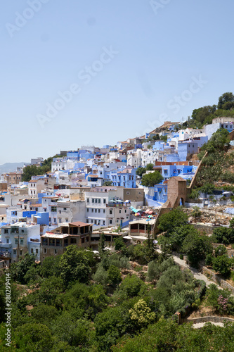 Aerial view to the old medina of the blue Chefchaouen town in Morocco, landscape. © vadim_ozz