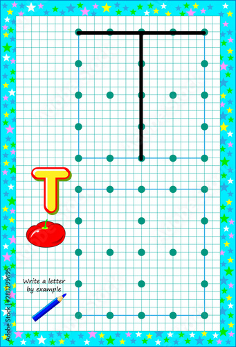 Educational page for little children on square paper. Write letter by example. Logic puzzle game. Developing baby skills of drawing and writing. Printable worksheet for kids textbook. Back to school.